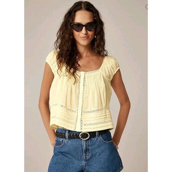 J.Crew Cap-Sleeve Lace-Trim Top in Cotton Voile Pale Sunshine CK063 Size L NWT - Picture 1 of 10